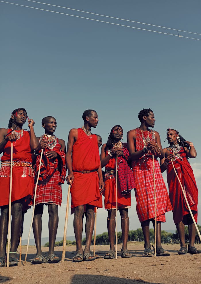 A group of Maasai warriors in traditional attire standing proudly in the Kenyan savanna.